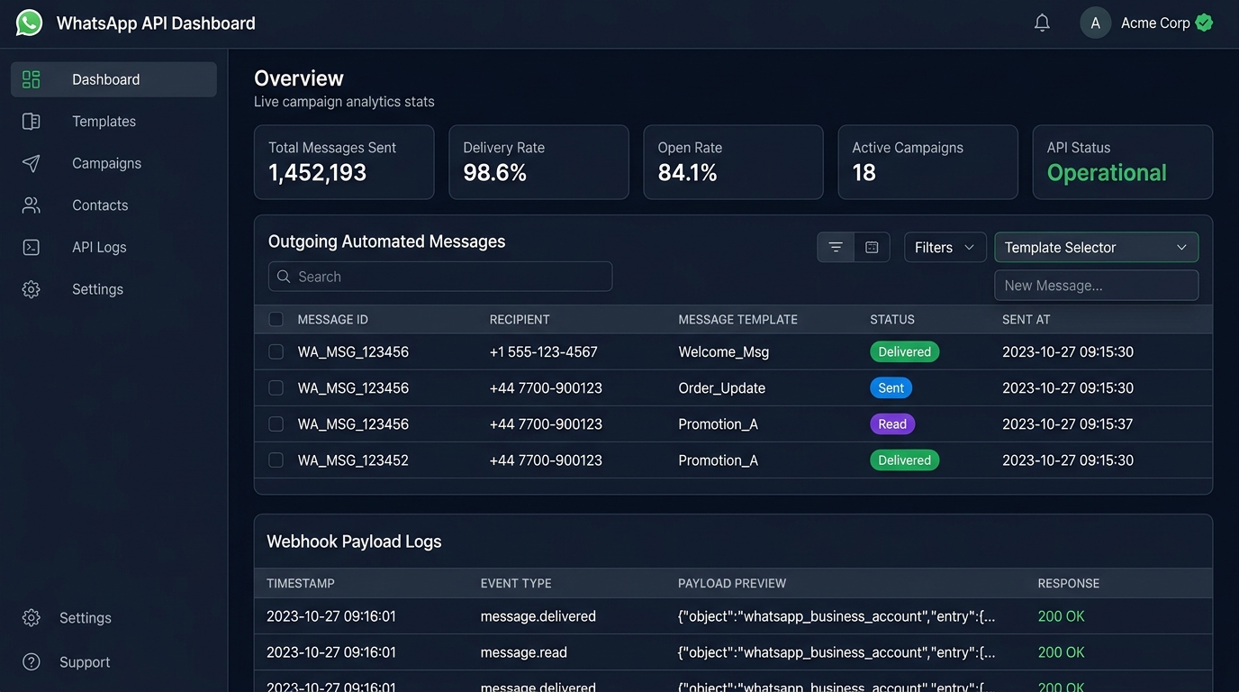WhatsApp Business API Live Dashboard and Webhook Payload Logs Data Table Interface
