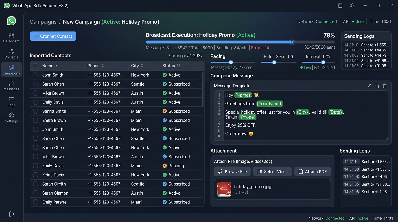 Bulk WhatsApp Software Desktop Edition UI with imported contact table, pacing sliders and compose box